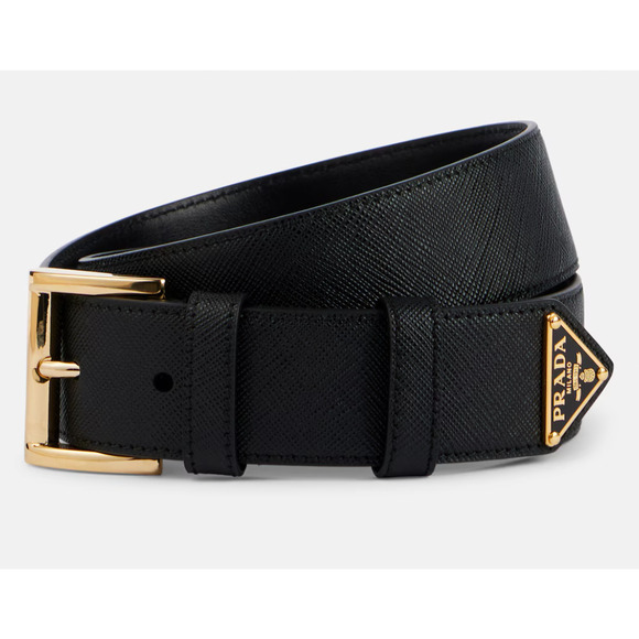 Prada Logo Plaque Saffiano Black Leather Womens Belt 85 - Picture 1 of 7